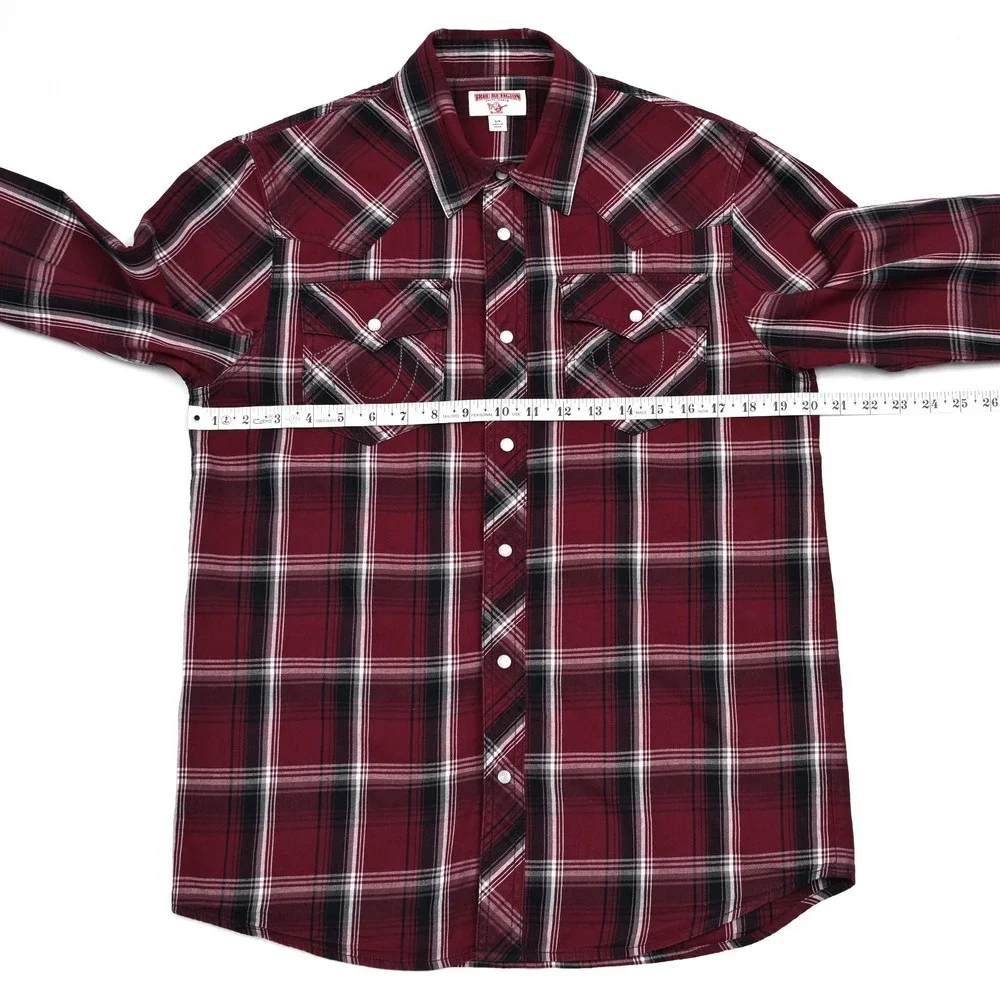 True Religion Shirt Mens Small Plaid L/S Pearl Snap Rancher Work Embroidered‎